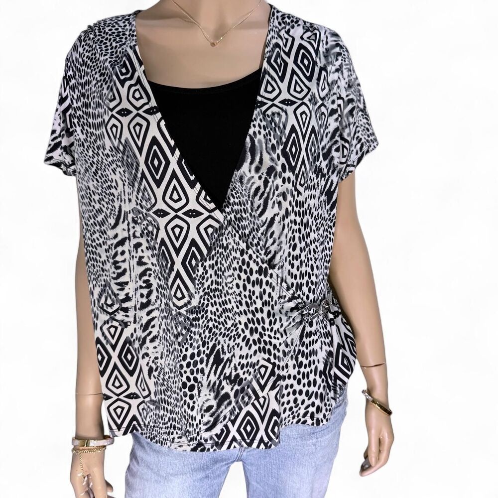 Notations Black and White Printed Faux Wrap Top Size L